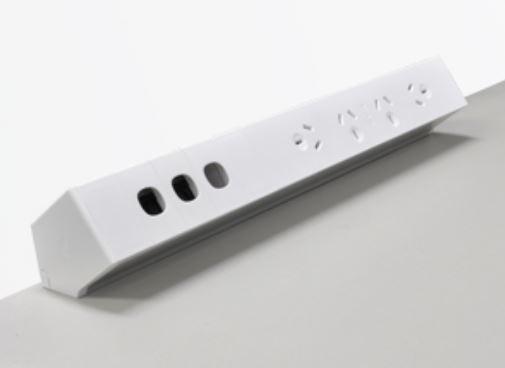 OE Elsafe Qiksilva 70 power and data unit with 4 GPOs and 3 data cutouts, featuring a compact design and desktop clamp brackets.